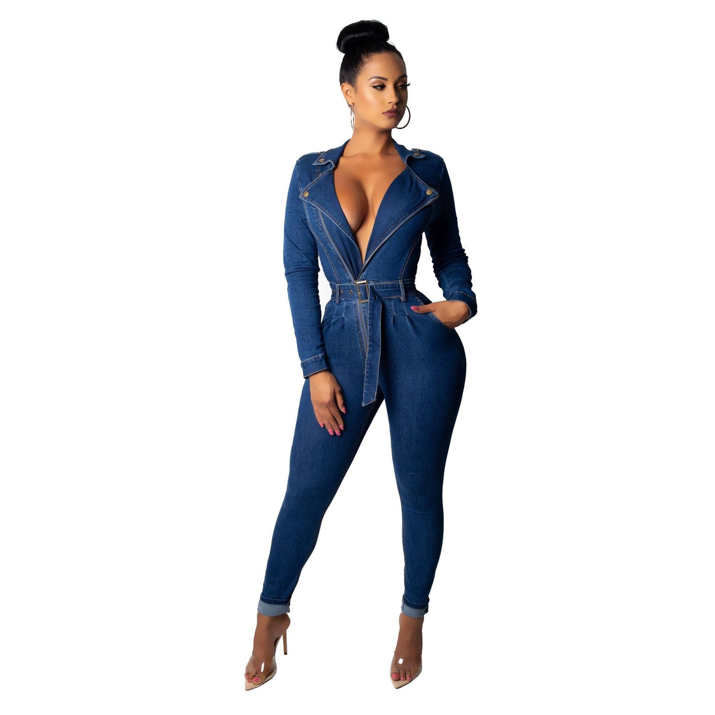 Deep V-Neck Denim Belted Jumpsuit – Long Sleeve Skinny Fit One-Piece Bodysuit for Women
