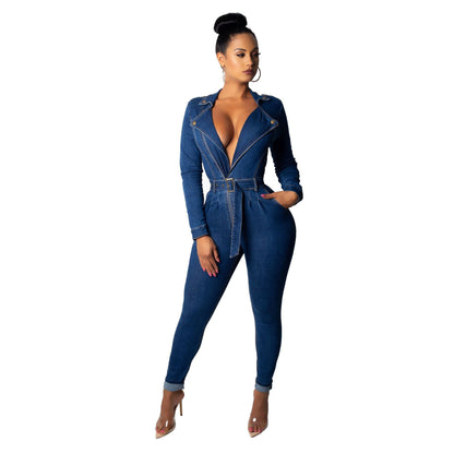 Deep V-Neck Denim Belted Jumpsuit – Long Sleeve Skinny Fit One-Piece Bodysuit for Women