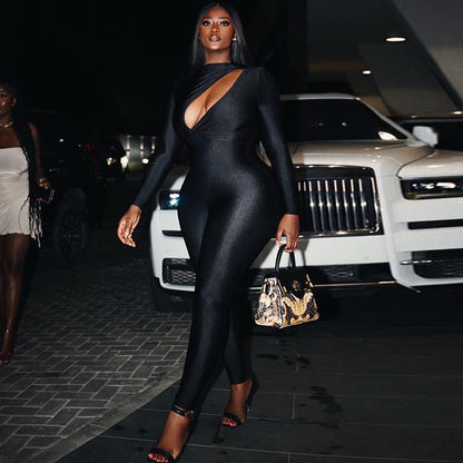 🖤 Cutout Long Sleeve Skinny Jumpsuit – Curve-Hugging Mid-Waist Fit