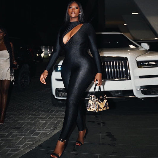 🖤 Cutout Long Sleeve Skinny Jumpsuit – Curve-Hugging Mid-Waist Fit