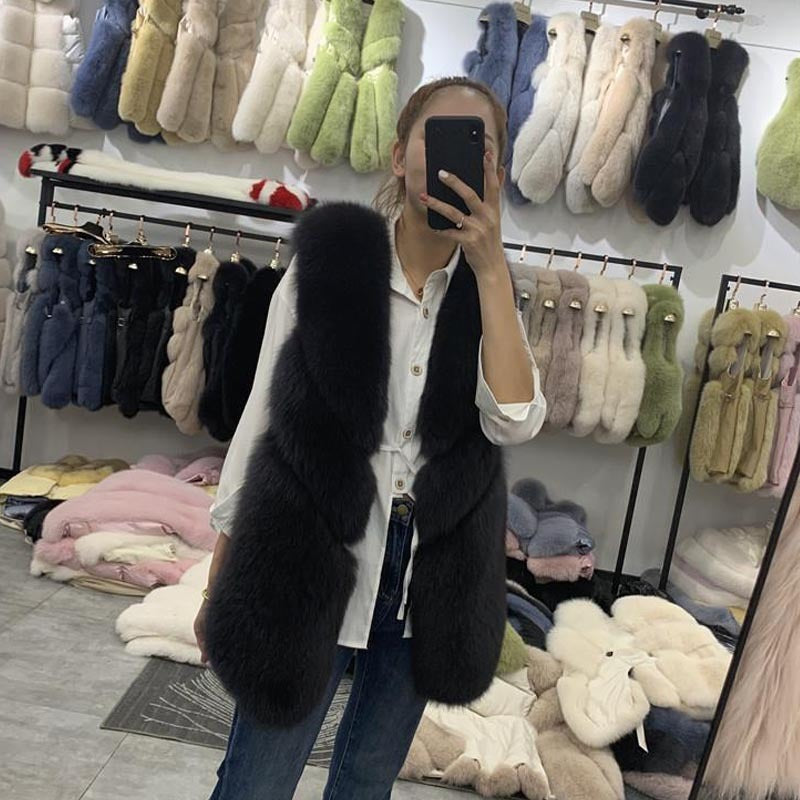 Women's Luxury Mid-Length Faux Fox Fur Vest | Plush Winter Sleeveless Coat in Chic Neutrals