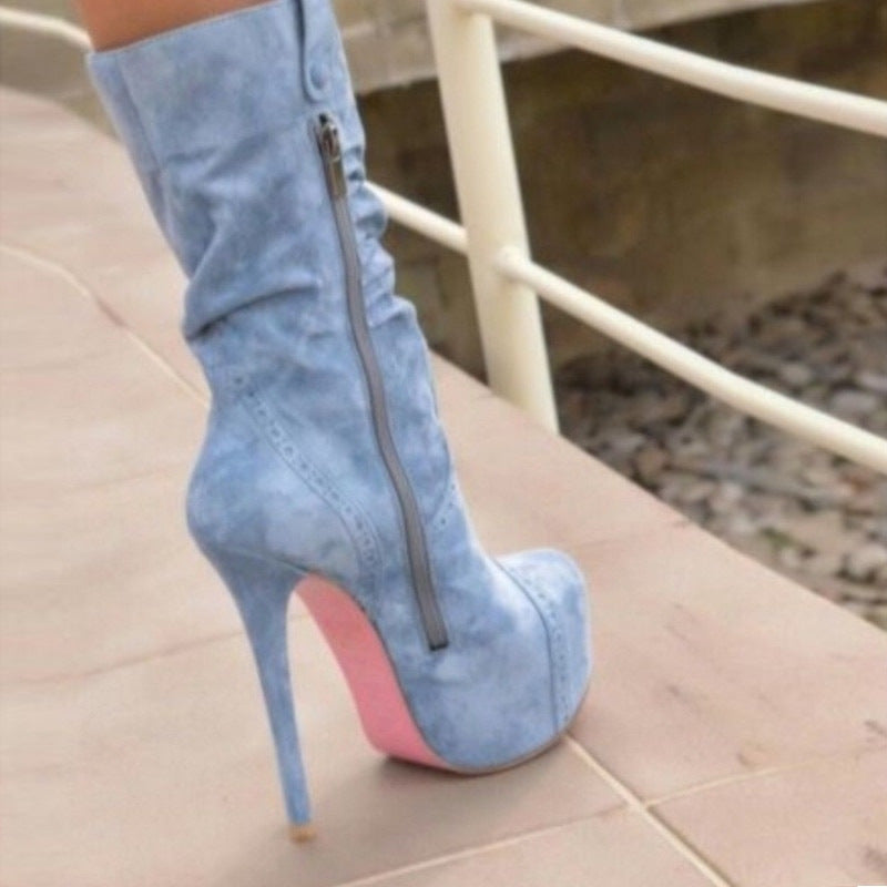 Women’s Light Blue Stiletto High Heel Boots – Plus Size Side Zipper Platform Mid-Calf Fashion Boots
