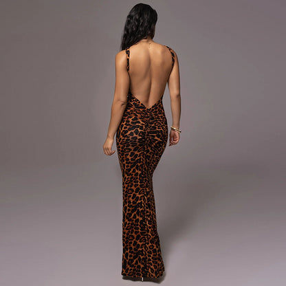 Leopard Print Sleeveless Backless Slim Fit Maxi Dress – European & American Fashion