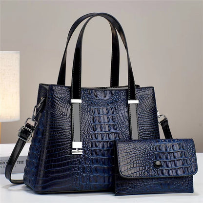 Women’s Crocodile Pattern Tote Bag Set – Large Capacity PU Leather Handbag with Matching Clutch