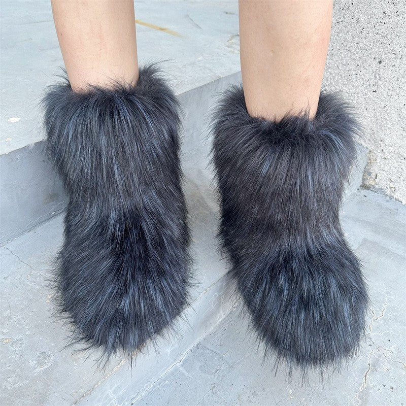 Luxury Raccoon Fur Plush Snow Boots – Women’s Faux Fur Short Tube Winter Warm Boots