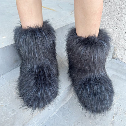 Luxury Raccoon Fur Plush Snow Boots – Women’s Faux Fur Short Tube Winter Warm Boots