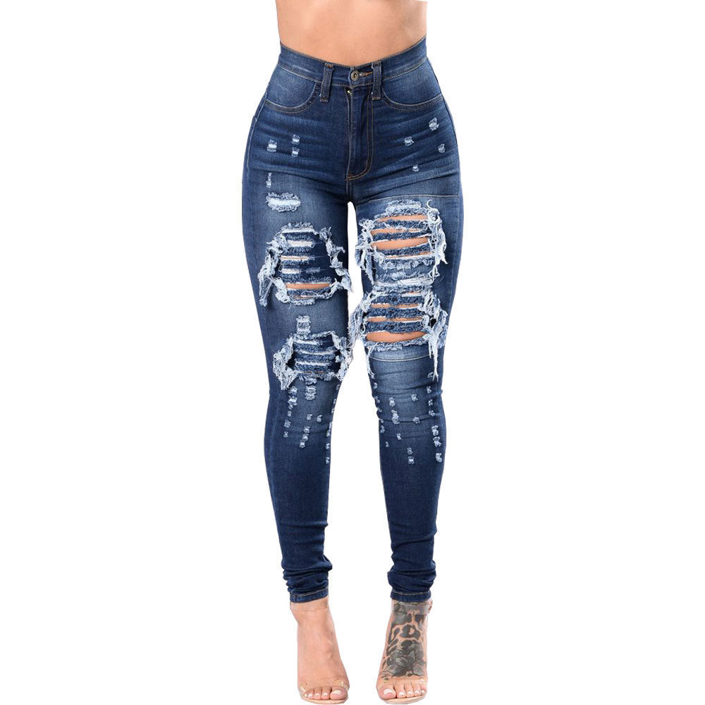Women’s Ripped Washed Denim Skinny Jeans – Mid-Waist Stretch Fit in Black, Light Blue & Dark Blue