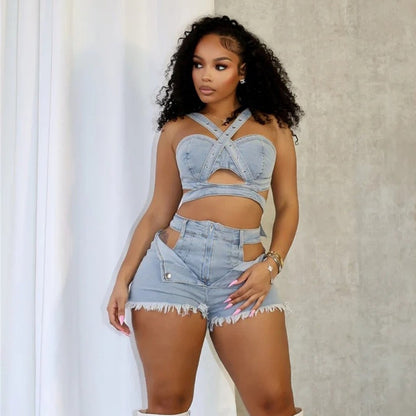 Washed Denim Criss-Cross Vest & Cutout Shorts Set – Streetwear Chic