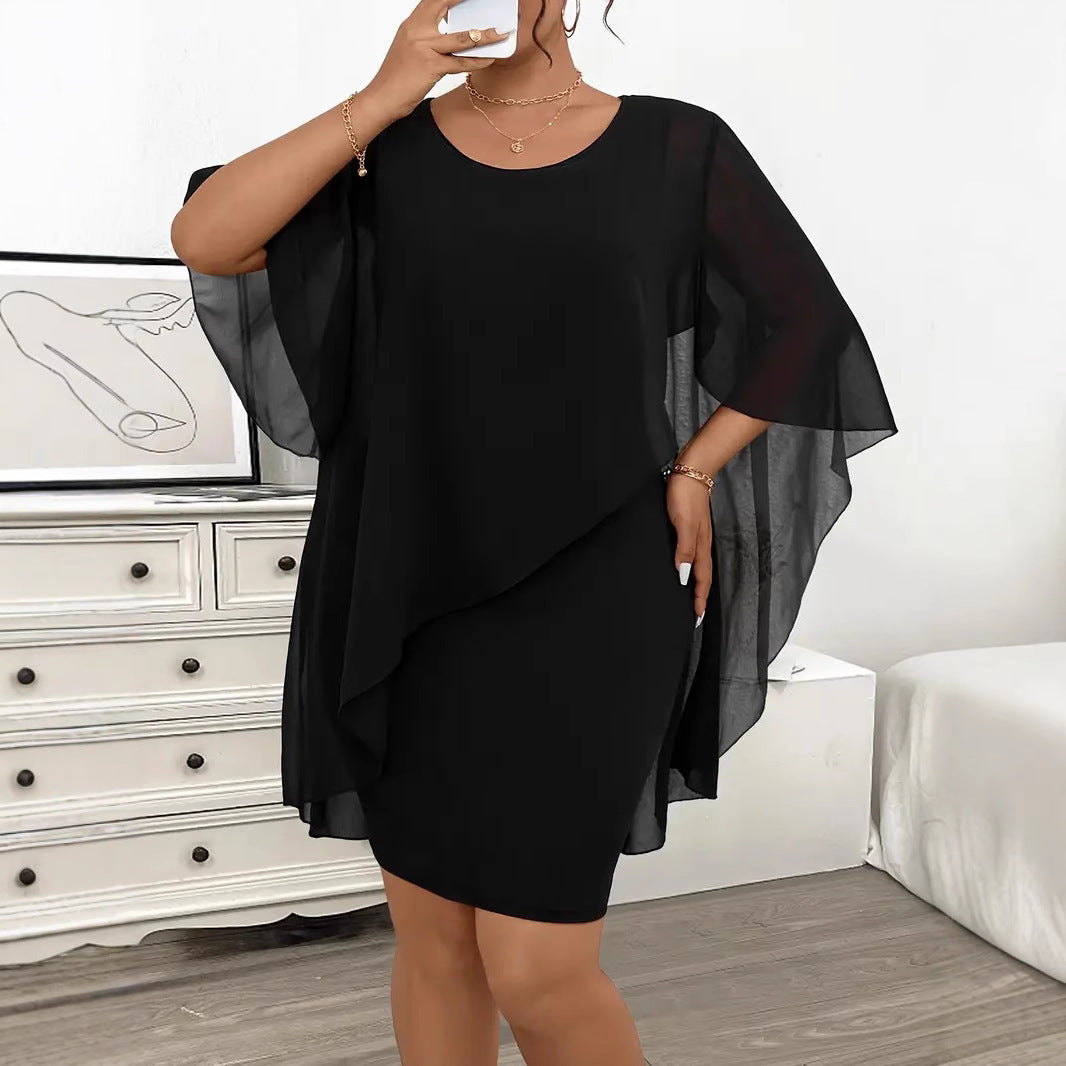 Elegant Plus Size Asymmetrical Chiffon Overlay Shawl Dress – Black