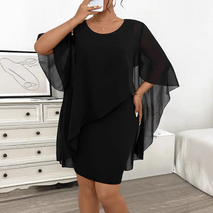 Elegant Plus Size Asymmetrical Chiffon Overlay Shawl Dress – Black
