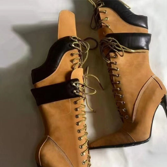 Women's Double-Layer Lace-Up Stiletto Boots – High Heel Pointed Toe