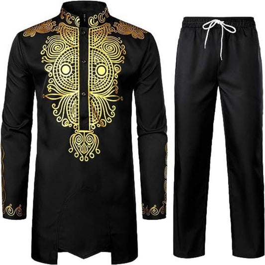Men’s African Embroidered 2-Piece Set – Gold Bronzing Long Sleeve Shirt & Matching Drawstring Pants