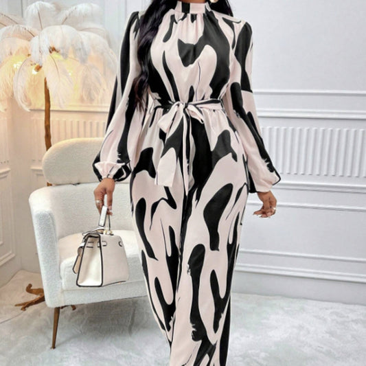 Elegant Printed Lantern Sleeve Jumpsuit – Women’s Autumn Winter Casual Wide-Leg Romper