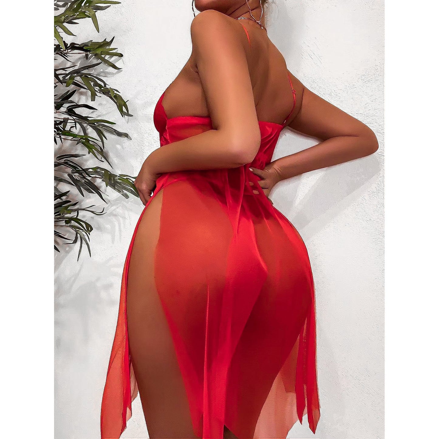 Sultry Scarlet Lace Mesh Babydoll Lingerie Set – Sheer Suspender Dress with Matching Panty