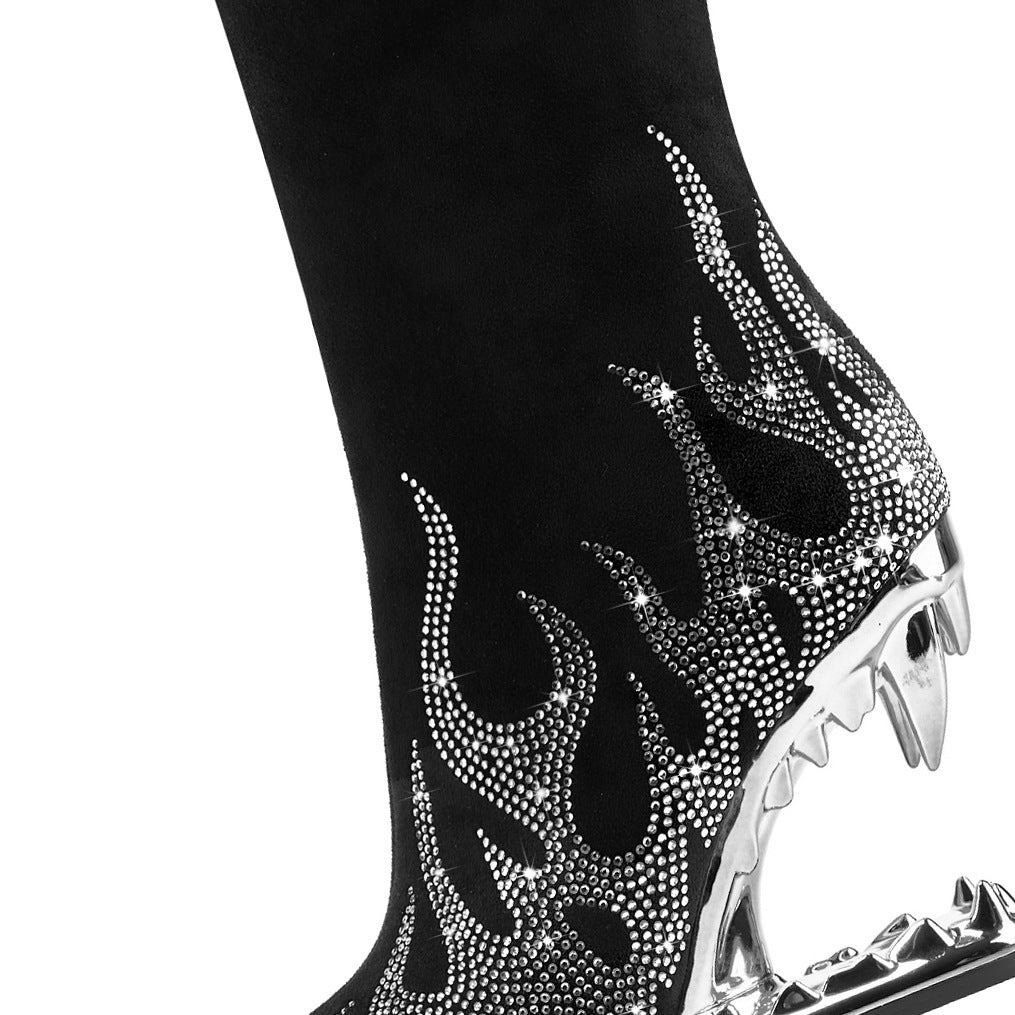 Women's Rhinestone Flame Stiletto Boots with Sculpted Tiger Tooth Heel