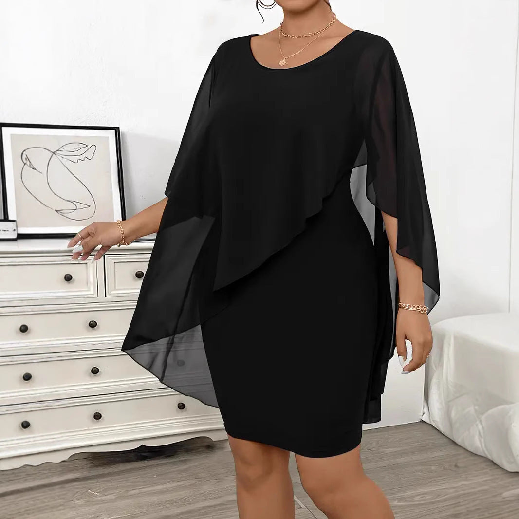 Elegant Plus Size Asymmetrical Chiffon Overlay Shawl Dress – Black