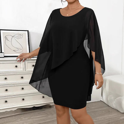 Elegant Plus Size Asymmetrical Chiffon Overlay Shawl Dress – Black