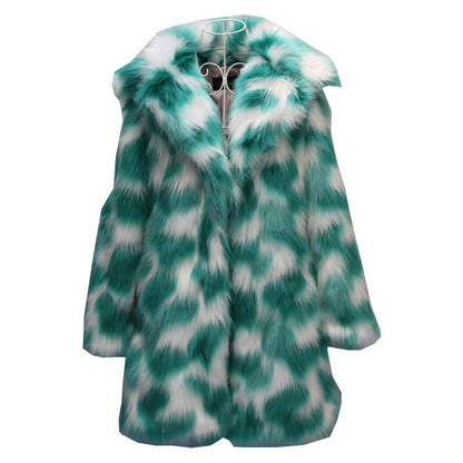 Women’s Luxe Faux Fur Statement Coat – Bold Teal & Pink Cloud Pattern