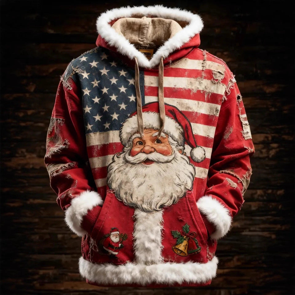 Women’s Christmas Santa Hoodie With Faux Fur Trim and Winter Print