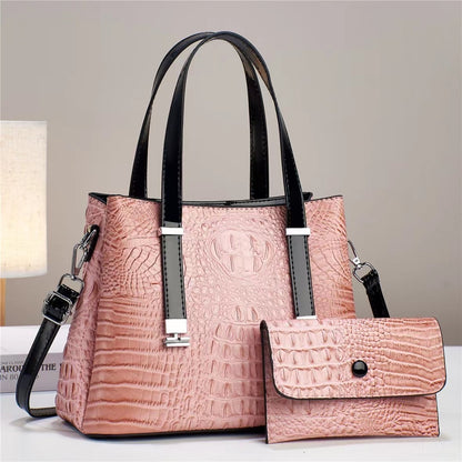 Women’s Crocodile Pattern Tote Bag Set – Large Capacity PU Leather Handbag with Matching Clutch