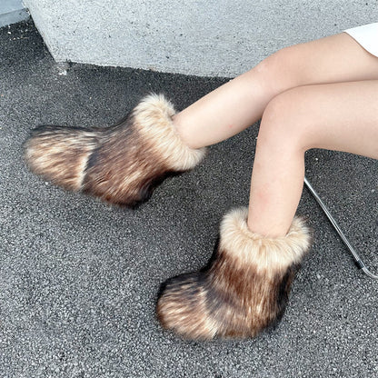 Luxury Raccoon Fur Plush Snow Boots – Women’s Faux Fur Short Tube Winter Warm Boots