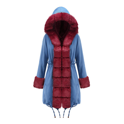 Women’s Hooded Cotton Jacket with Fur Collar – Winter Warm Long Coat