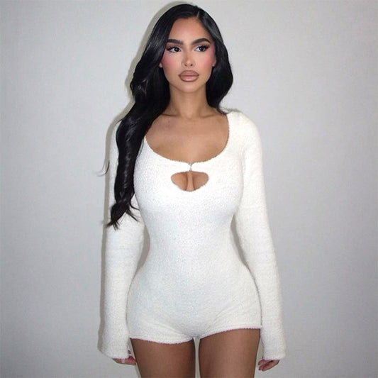 Keyhole Cutout Long Sleeve Slim Fit Romper – Cozy Knit One-Piece Loungewear