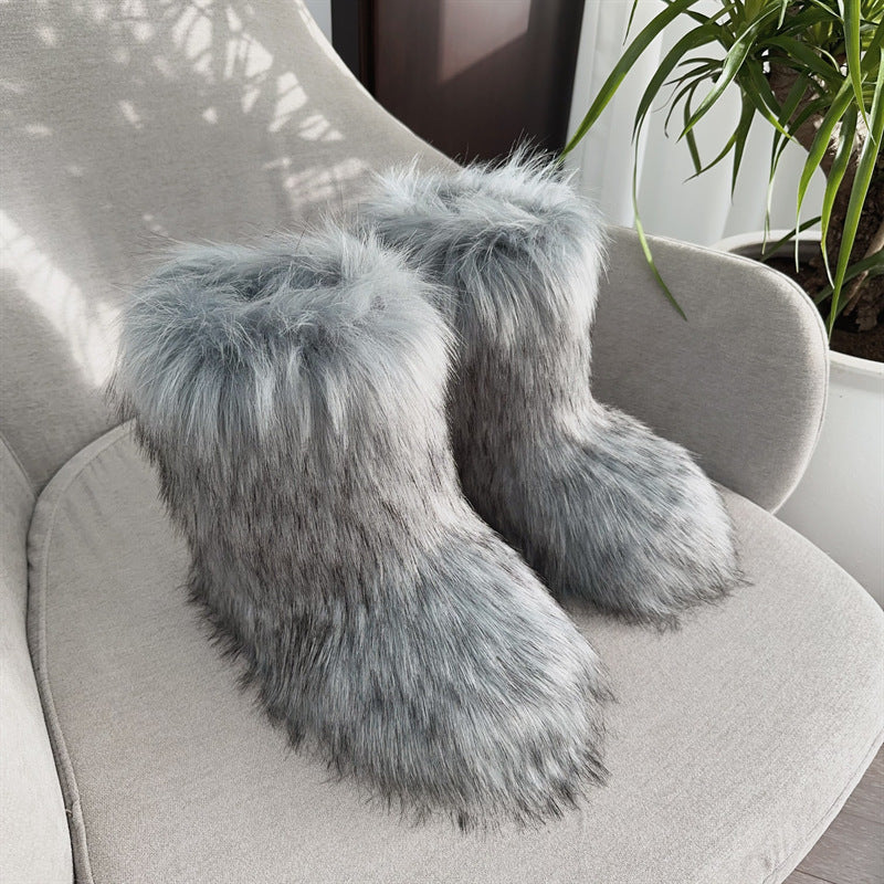 Luxury Raccoon Fur Plush Snow Boots – Women’s Faux Fur Short Tube Winter Warm Boots