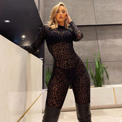 Women's Sexy Leopard Flocked Sheer Mesh Jumpsuit with Zipper