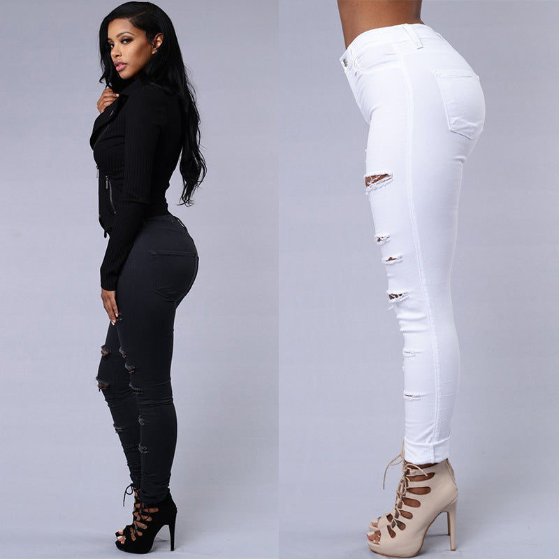 High-Waist Ripped Skinny Jeans – Casual Stretch Pencil Pants for Women