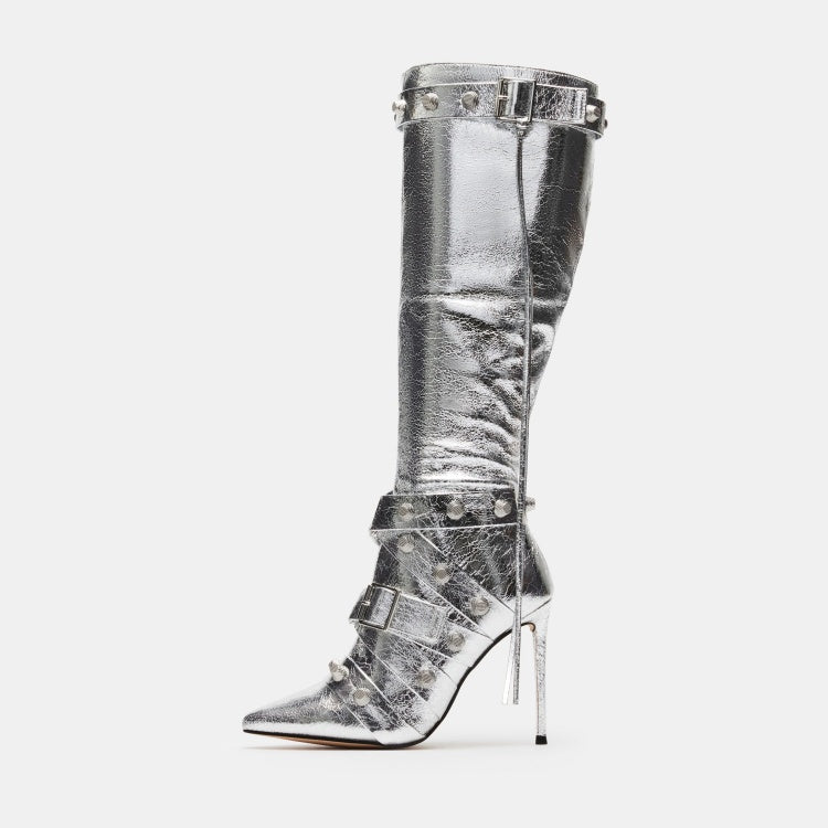Fierce Rivet Stiletto High-Leg Boots – Metallic PU Pointed Toe Belted Tassel Boot