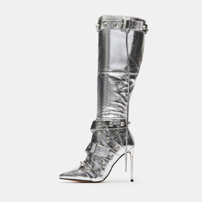 Fierce Rivet Stiletto High-Leg Boots – Metallic PU Pointed Toe Belted Tassel Boot
