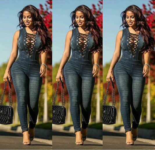Sexy Lace-Up Denim Jumpsuit – Slim Fit Sleeveless Clubwear Romper
