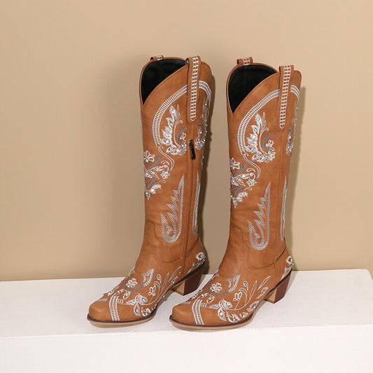 Stylish Western Boots for Women – Embroidered Retro Denim Knee-High Cowgirl Style