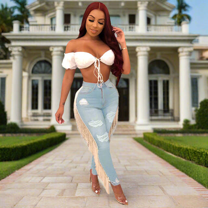 Wild Fringe Denim Jeans – Distressed High-Waist with Ruffle Drama