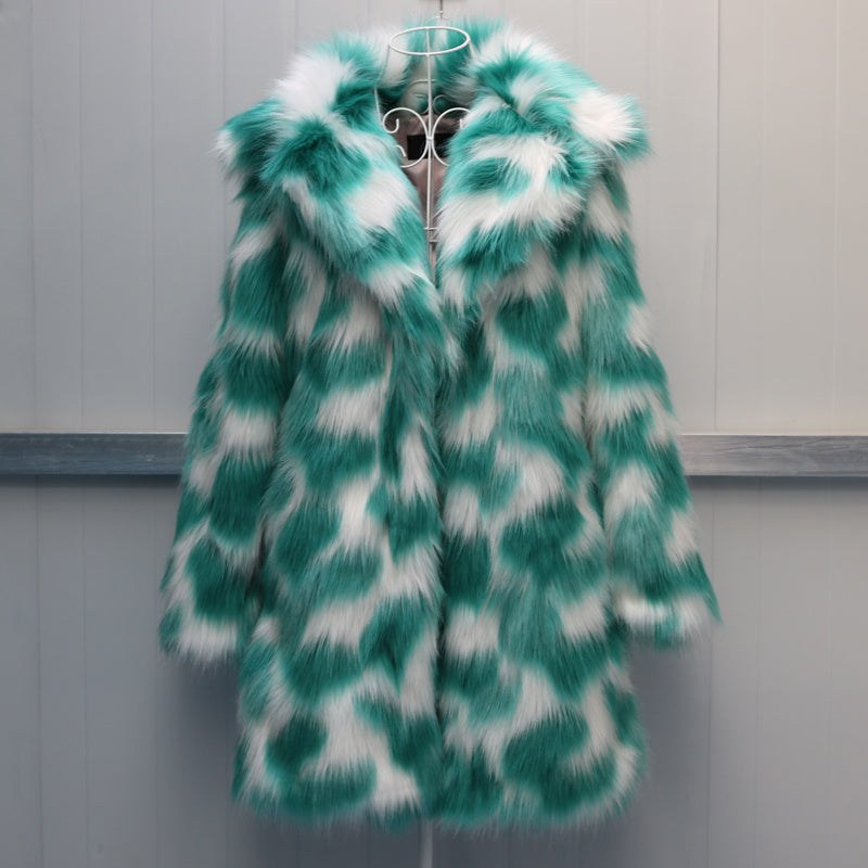 Women’s Luxe Faux Fur Statement Coat – Bold Teal & Pink Cloud Pattern