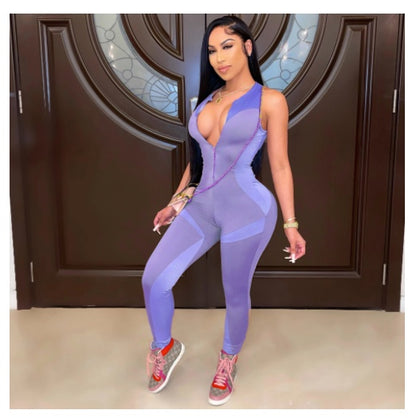 Glam Fit Colorblock Zipper Front Sleeveless Yoga Jumpsuit