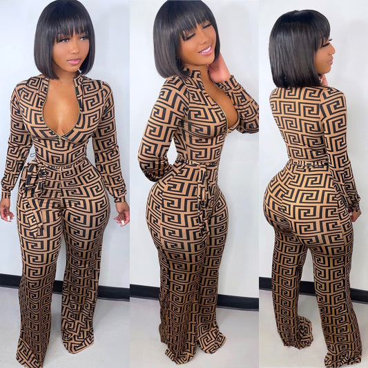 🔥 Geometric Luxe Deep V-Neck Long Sleeve Zip-Up Tie Waist Jumpsuit