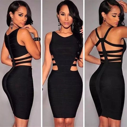 Sculpted Seduction Bandage Dress – Black & Red Bodycon Sleeveless Dress for Women