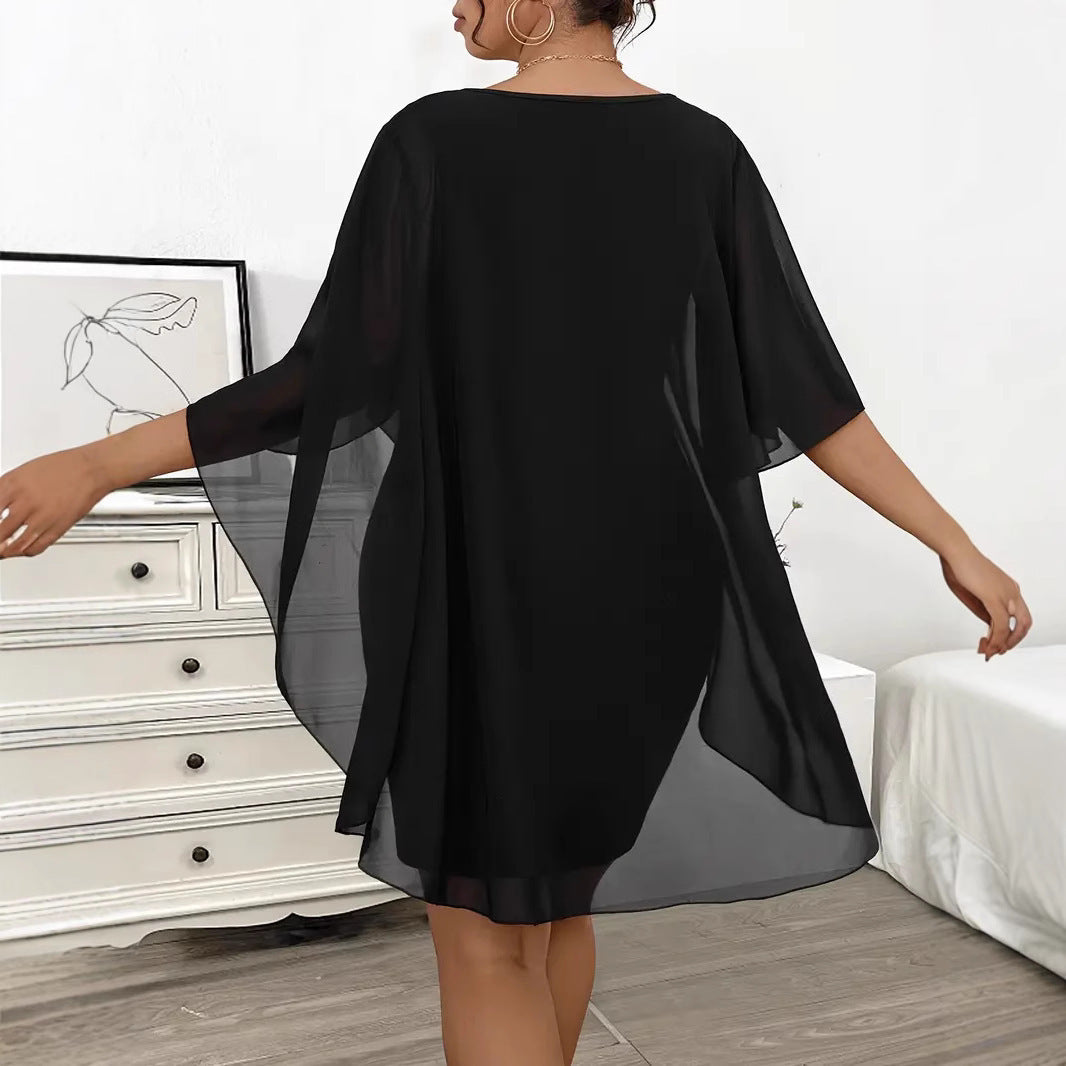 Elegant Plus Size Asymmetrical Chiffon Overlay Shawl Dress – Black
