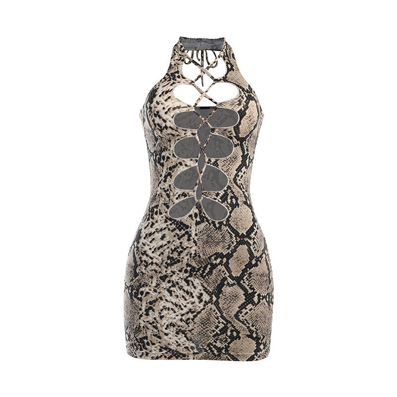 Cutout Chest Tie Snakeskin Slim Fit Dress