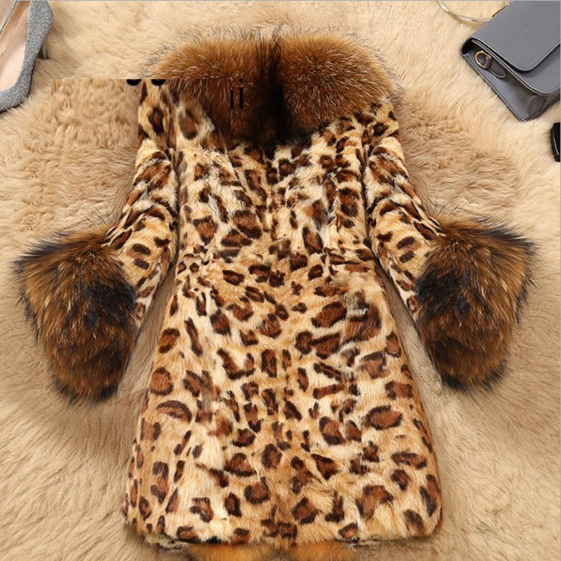 Luxury Leopard Print Faux Fur Coat – Mid-Length Winter Jacket with Fluffy Cuffs & V-Neck for Women