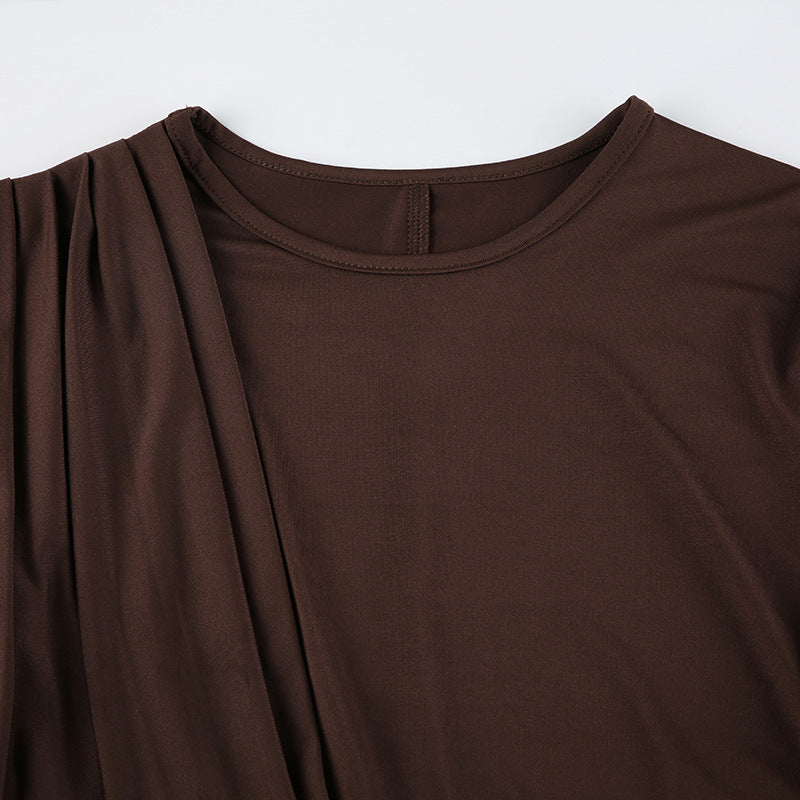 Glam Cutout Bodycon Mini Dress – Brown Long Sleeve Fur Cuff Ruffle Hem