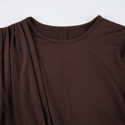 Glam Cutout Bodycon Mini Dress – Brown Long Sleeve Fur Cuff Ruffle Hem