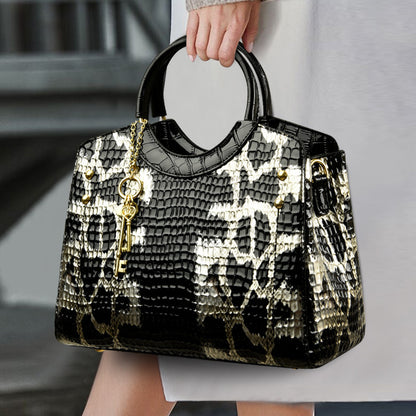 Women’s Luxury Snakeskin Pattern Genuine Leather Handbag – Retro Large Tote with Gold Key Charm