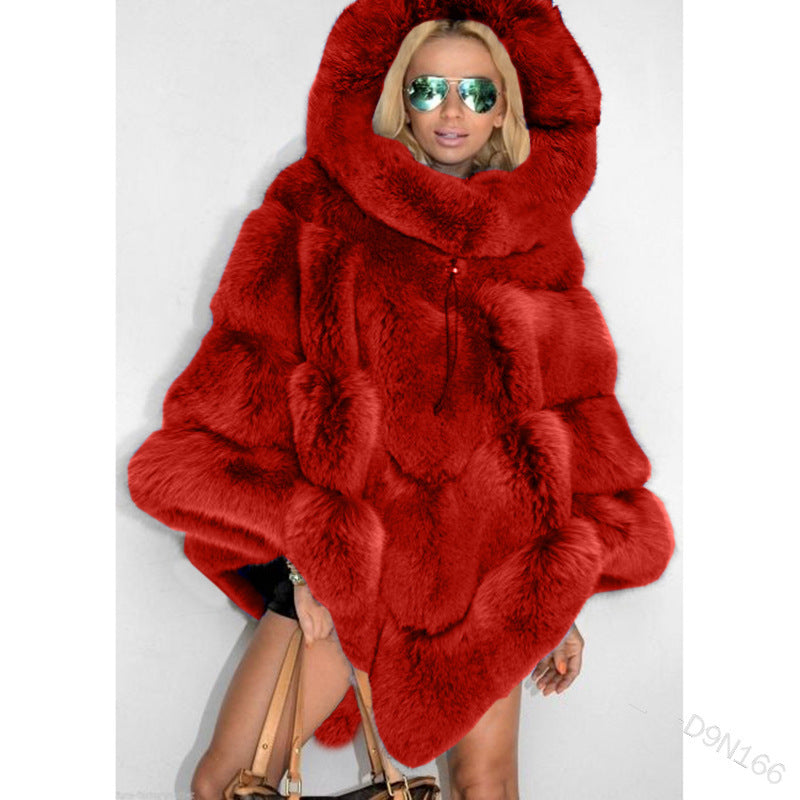 Luxury Hooded Faux Fur Patchwork Cape for Women – Oversized Plush Winter Coat in Elegant Solid Colors