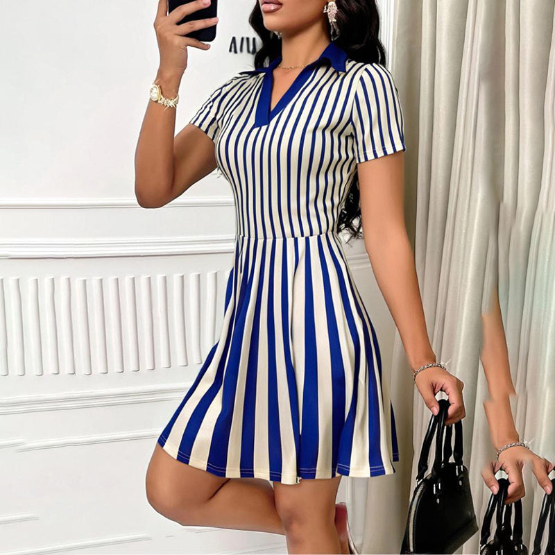 Women's Polo Dress Elegant Striped V Neck Short Sleeve A Line Dresses