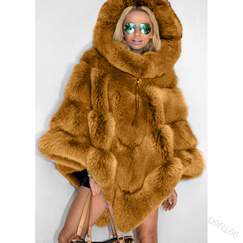 Luxury Hooded Faux Fur Patchwork Cape for Women – Oversized Plush Winter Coat in Elegant Solid Colors