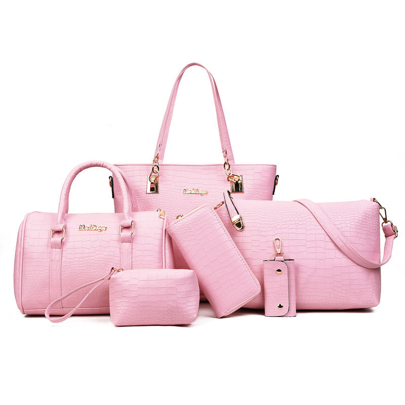 6-Piece Croc-Embossed Luxury Handbag Set – Tote, Satchel, Shoulder & Accessories