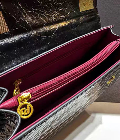 👜 Retro Leather Crocodile Embossed Messenger Bag – Contrast Color Shoulder Bag with Phone Pocket